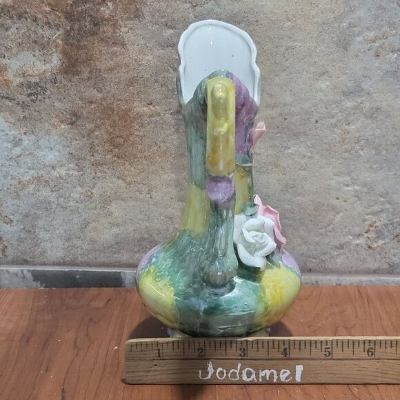 Vintage Floral Rose Pitcher Footed Vase With Handle - Picture 11 of 12